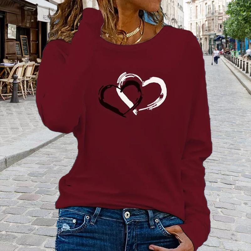 

Топы для женщин, футболка с круглым вырезом и длинными рукавами с принтом «Две любви», осенний повседневный тонкий пуловер, женский топ с длинными рукавами 8XL красный