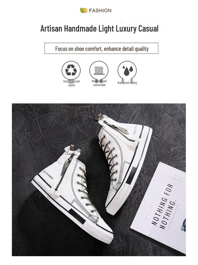 Hong Kong Style High-Top Canvas Shoes: Japanese Retro Zipper Trendy Workwear for Men