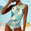 Women Plus Size High Round Neck Sleeveless Tropical Leaf Printed One Piece Swimsuit