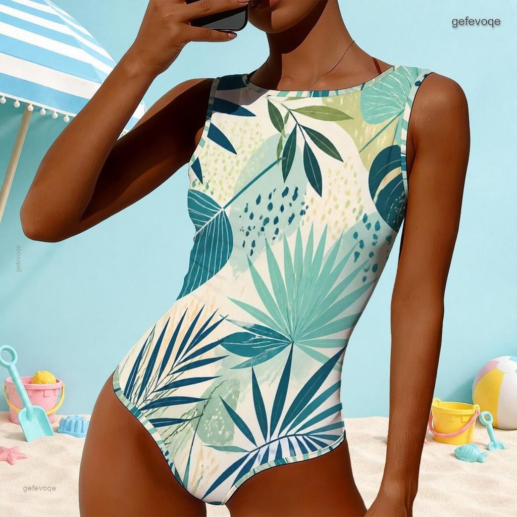 Women Plus Size High Round Neck Sleeveless Tropical Leaf Printed One Piece Swimsuit