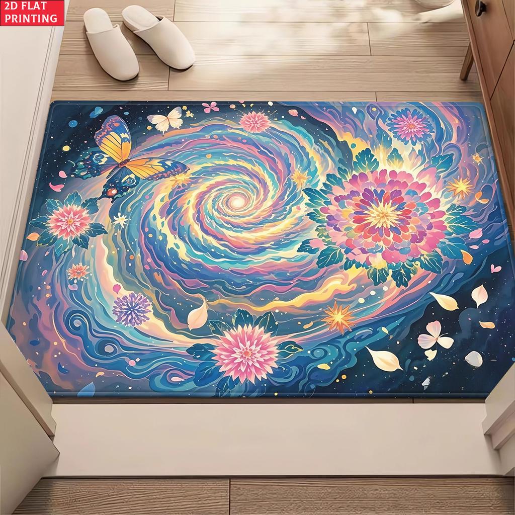 Aesthetic Butterfly Galaxy Floral Area Rug,Colorful Swirl Flower Carpet for Living Room, Boho Floor Mat for Bedroom Decor