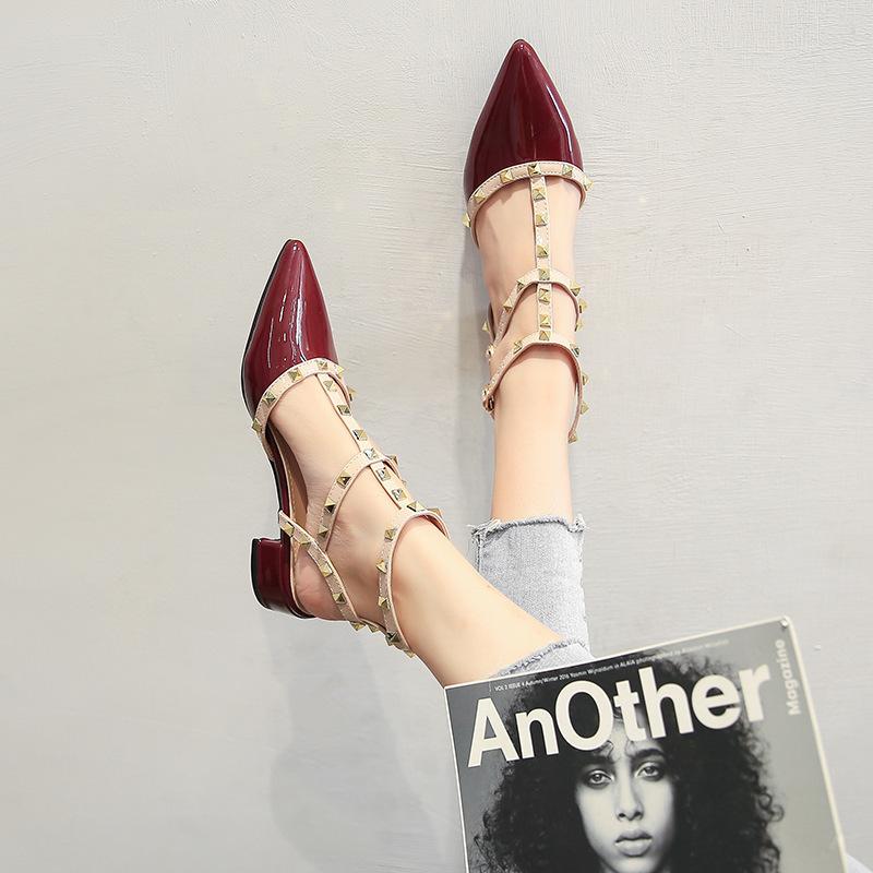 Spot Second Hair~ Patent Leather Rivet Pointed Single Shoes 2025 New Spring and Autumn Bag Head Hollow One-word Buckle Sandals