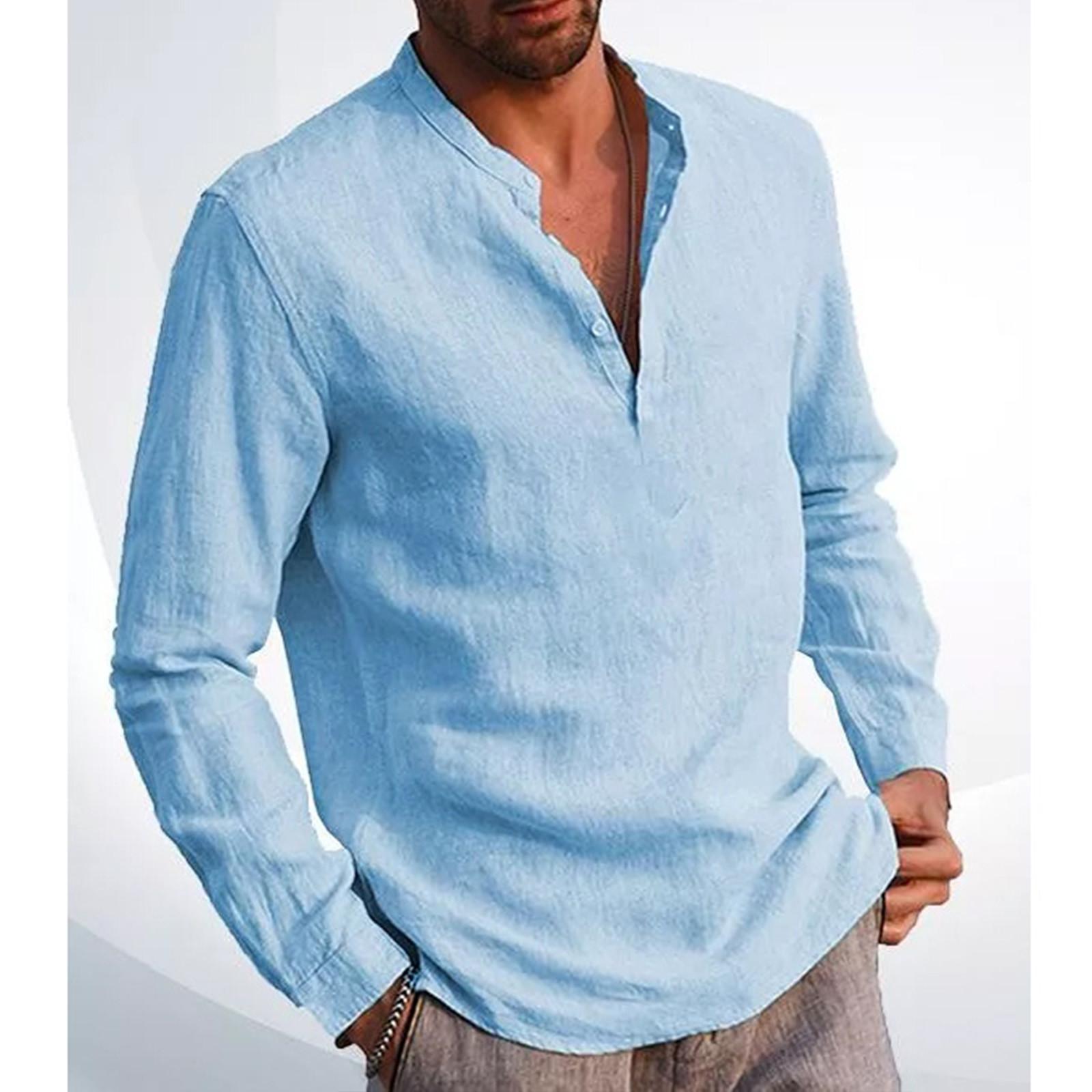 

Дизайнерські весна-літо чоловічі повсякденні бавовняні лляні однотонні сорочки з довгим рукавом вільні сорочки зі стоячим коміром L