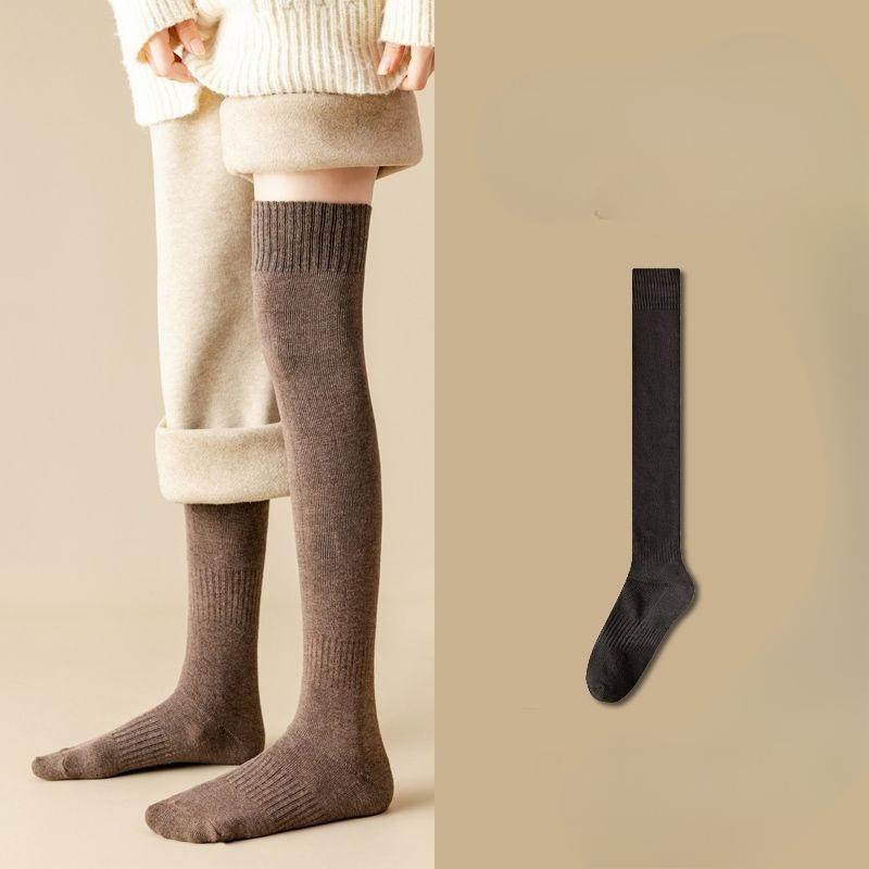 Thick and Warm Padded Women's Long Knee Socks with Woolen Cuffs for Autumn and Winter. Knee-length Over-the-knee Socks for Warmth.