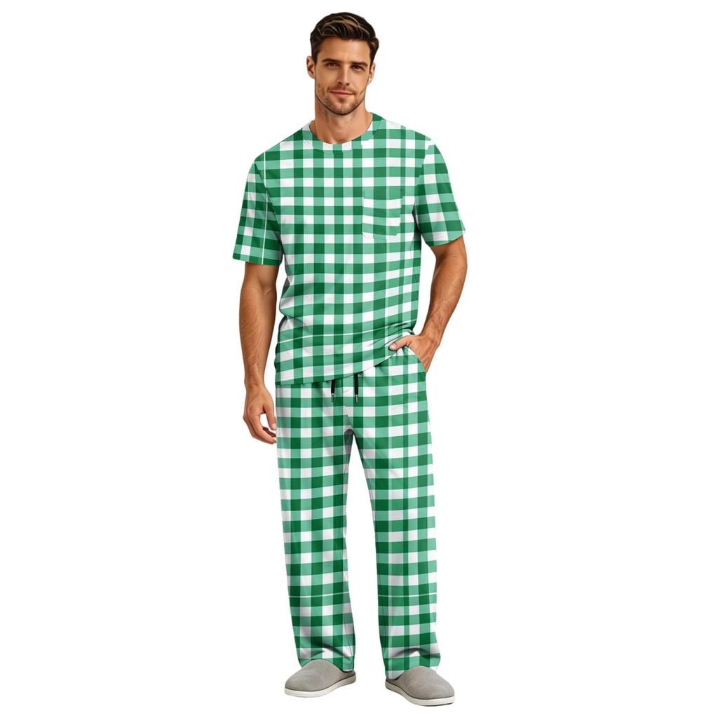 Men's Short Sleeve Pajama Set with Button Fly and Elastic Drawstring Waist for Home Loungewear