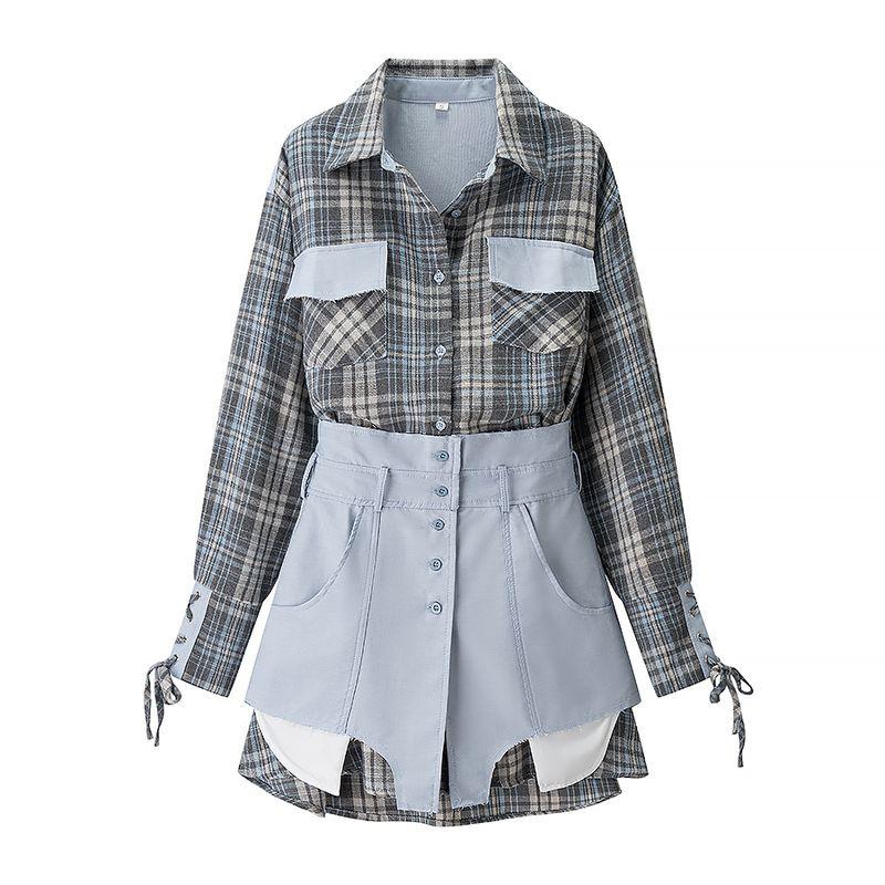 

Fog Blue Star Language American Retro Sexy Fashionable Fine Wear Wear Age-Reducing Sweet Cool Plaid Fitted Waist Shirt Dress Two-piece Set Fog Blue Star Language L