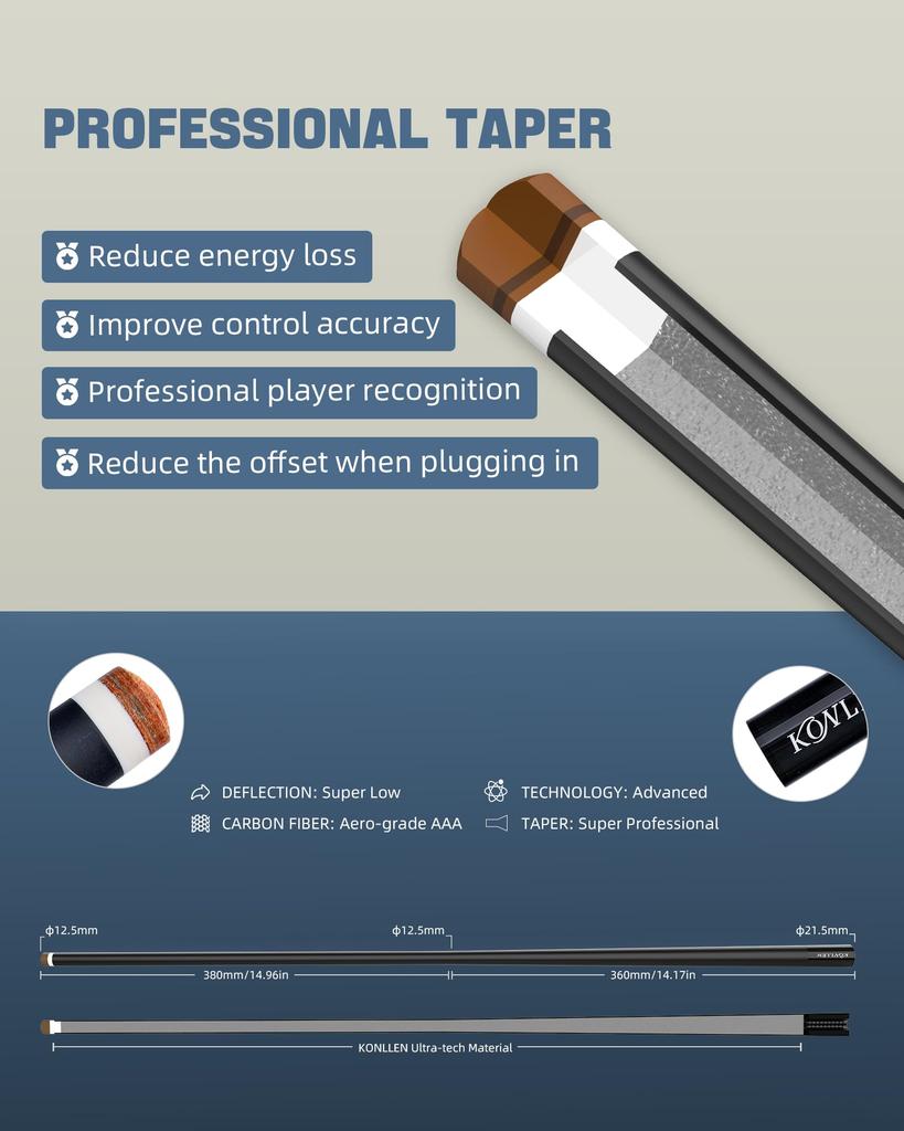 KONLLEN Carbon Fiber Pool Cue Low Deflection Pool Professional Adult Billiard Cue Set with Billiard Accessories Stick, Cue,