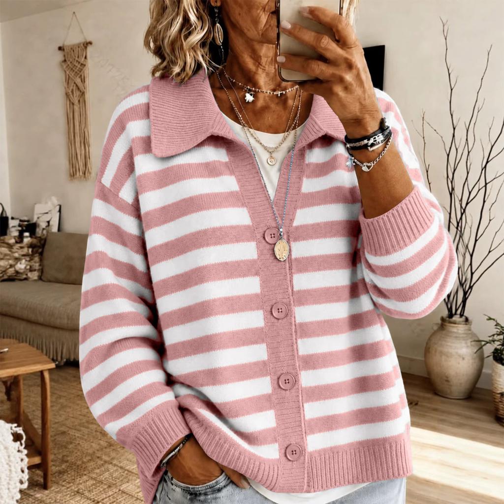Women's Casual Color Block Striped Knit Cardigan with Lapel Collar