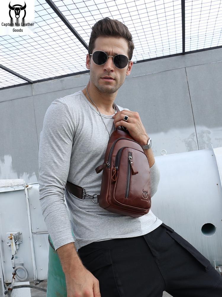 Cow Captain Men's Genuine Leather Crossbody Chest Bag - Top Layer Cowhide Multifunctional Sports Casual Bag