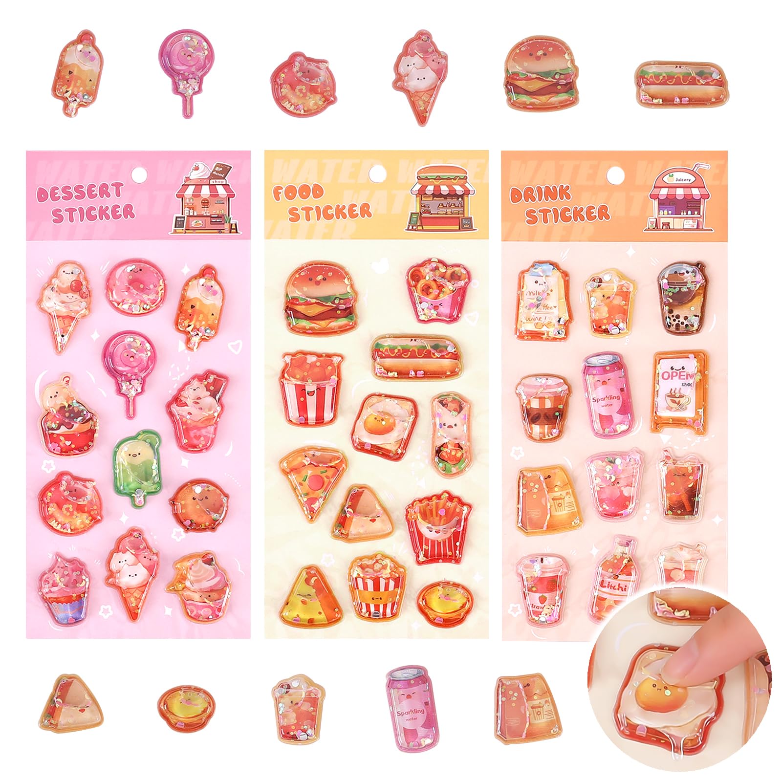 

Gourmandise 3D Water Stickers Set of 3 Puffed Food Characters Pliable Water Touch Diary Scrapbook Decoration Stationery Gift Wrap DIY Craft Phone