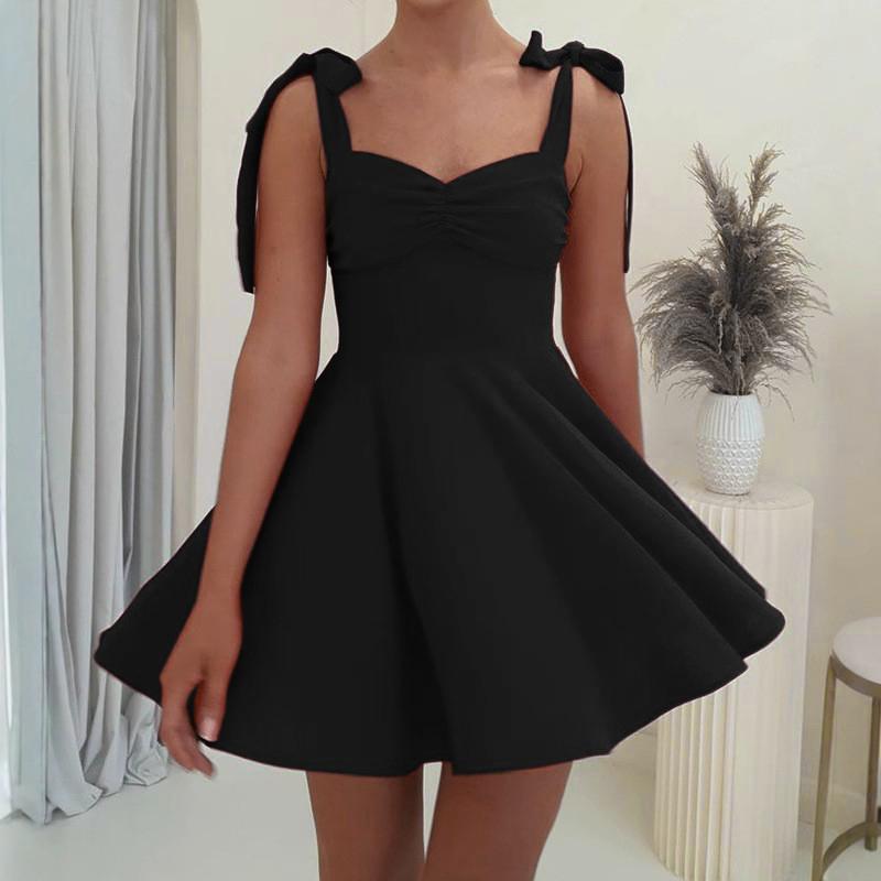 European and American style women's wear, bow spaghetti strap, waist-cinching slimming short A-line dress, party little black dress