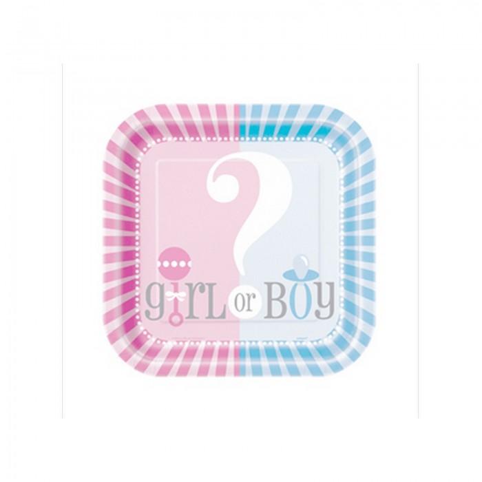 Unique Party Square Gender Reveal Disposable Plates (Pack of 8)