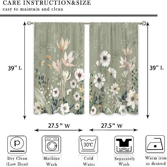 Green Boho Flower Small Kitchen Curtains Flower Plant Window Treatment Botanical Herb Chic Rod Pocket Cafe Short Window Curtains for Bathroom Dining