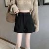 Women's Plus Size Woolen High-Waist Wide-Leg Shorts - Black Autumn/Winter, Mid-Length, Straight Leg, Five-Point