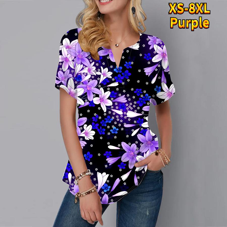

Жіноча літня футболка з принтом рожевих квітів, футболки з короткими рукавами, повсякденні топи з маленьким V-подібним вирізом і короткими рукавами 8XL фіолетовий