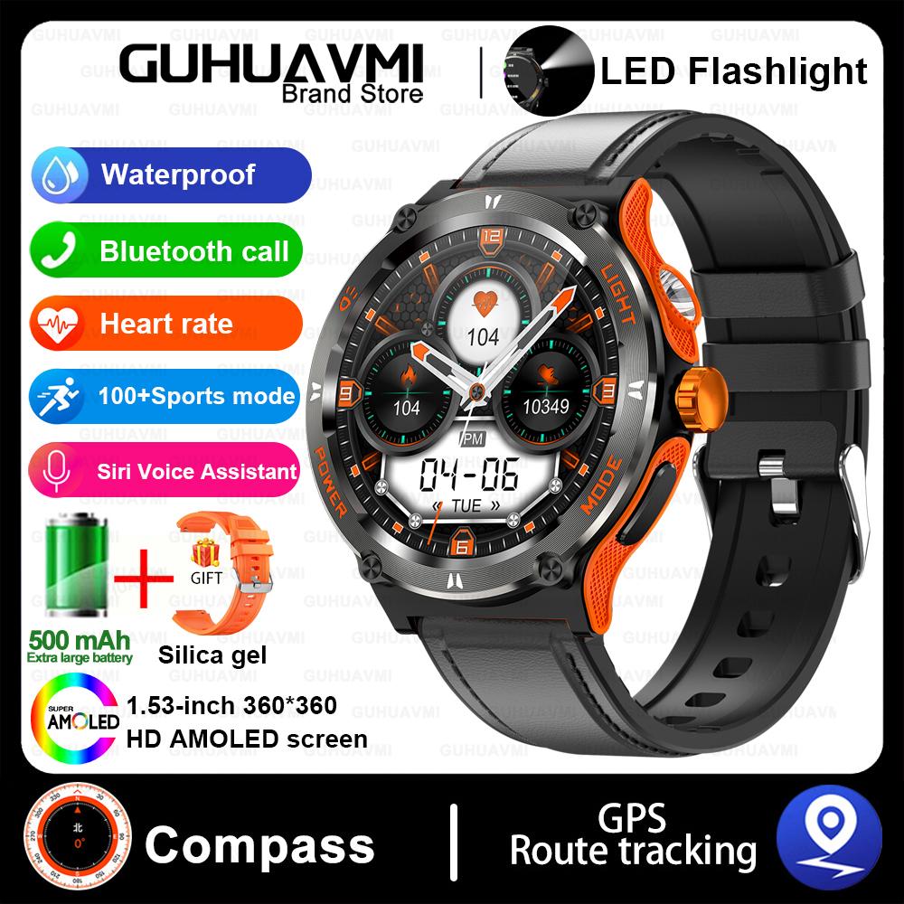 Outdoor Military Smart Watch Men LED Strong Light AMOLED Screen Heart Rate Compass Bluetooth Call 3ATM Waterproof Smartwatch