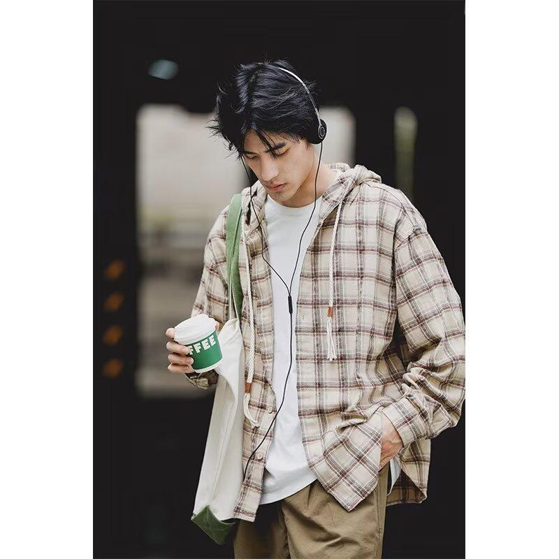Retro podzimní košile v japonském stylu Pánská hnědá Oblečení pro kluky Kostkované oblečení Dospívající Dlouhý rukáv S kapucí