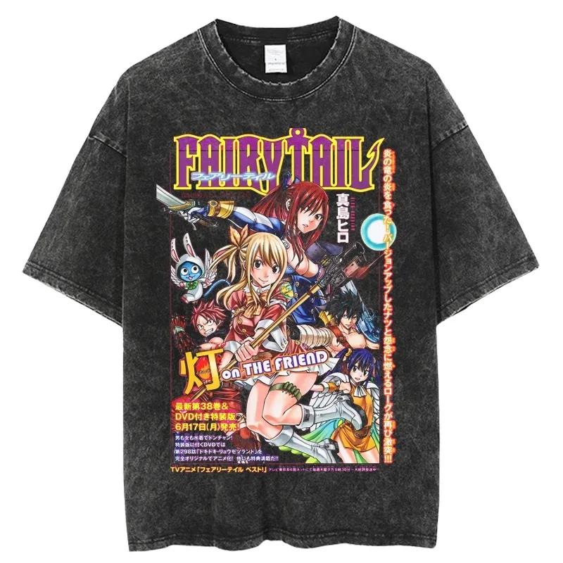FAIRY TAIL Anime Unisexga Peripherals Tshirt Natsu Lucy Happy Gray Graphic Print Washed Vintage Short Sleeve Unisex Women Cotton Tee
