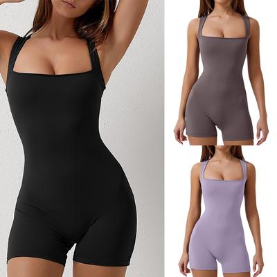 Womens Strappy Square Neck Tank Top Tummy Control Bodycon Stretch Shorts Jumpsuit Rompers