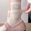 Women's Ballet-Style Mid-Calf Cotton Socks, Spring/Summer Collection, White with Cute Bow Embroidery, Miu Style.
