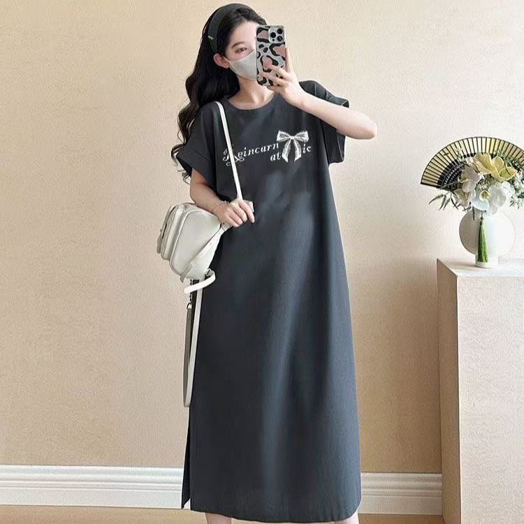 2026 new short-sleeved t-shirt skirt women's Korean version loose large size casual and thin flying sleeves split-ended dress long dress