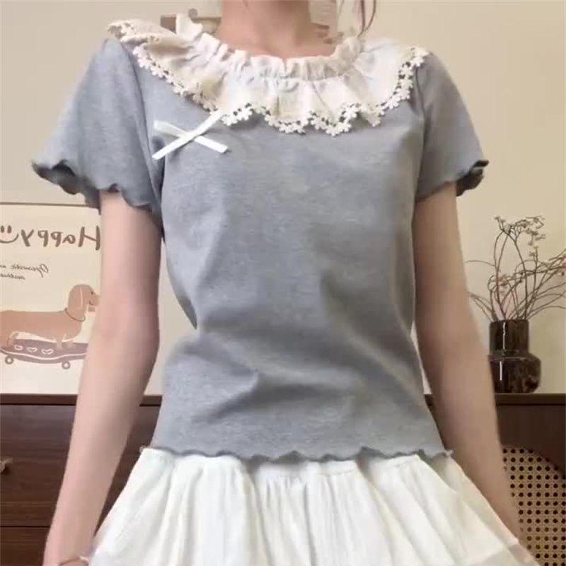 

Женский топ из чистого хлопка с кружевным воротником, оборками и бантом, с коротким рукавом 2XL серый