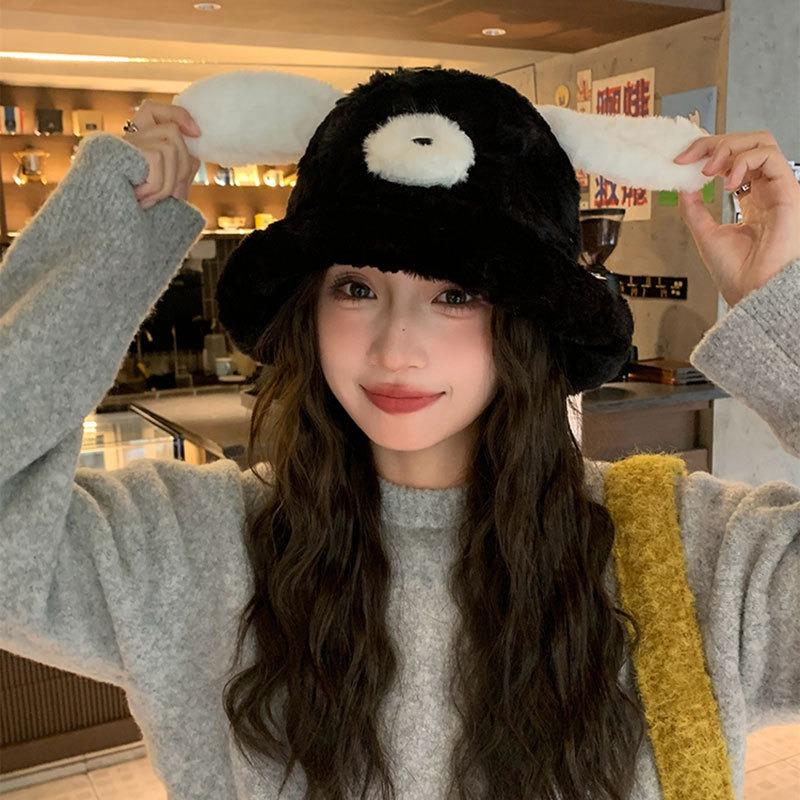 Women S Dog Ear Plush Bucket Hat Large Head Size Warm Cute Slim Face Korean Style Autumn Winter