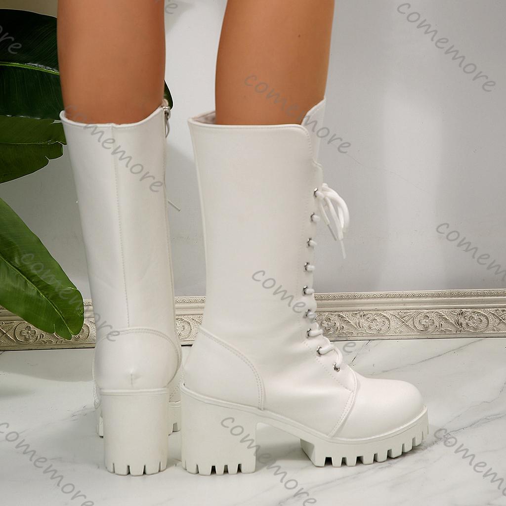 Fashion Comemore White Women's Boots New High Heels Lace-up Mid-calf Boots Fashion Platform Shoes Round Head Women's Botas for Autumn