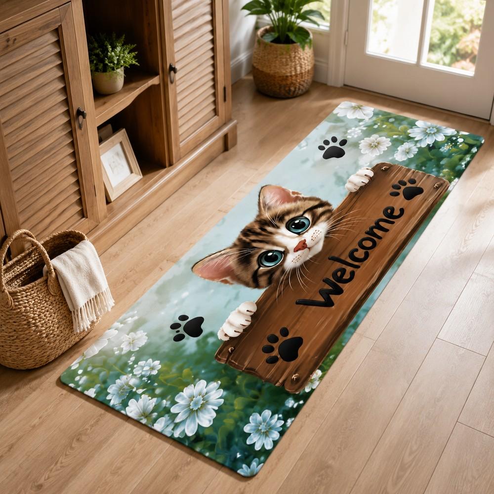1Pc 850g/m² Cute Cat Peering Welcome Sign print Floor Mat Modern 4mmKitchen Rug Non-Slip Colorful Indoor Carpet, For Home