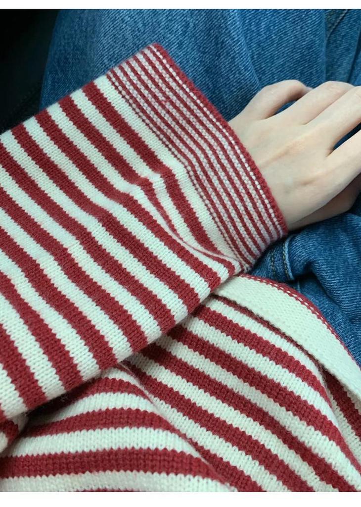 Women's Korean-Style Striped Knit Sweater - Round Neck, Loose Fit, Fall 2025 College Fashion