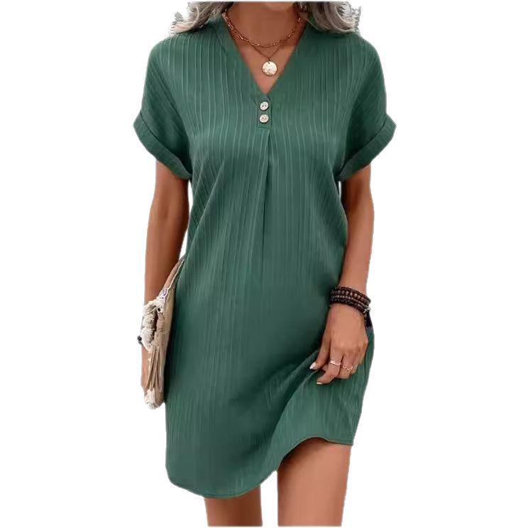 European & American Women's V-neck Solid Color Pullover Dress - 2023 Casual Fashion, Button Detail.