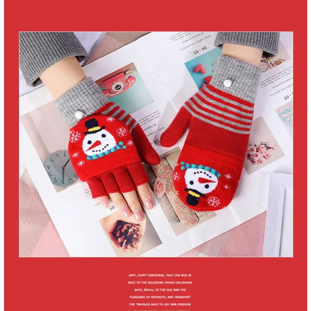 Winter Cute Girls Christmas Gloves Kids Warm Cartoon Gloves Students Fingerless Writing Gloves with Flip Cover 7-13Y