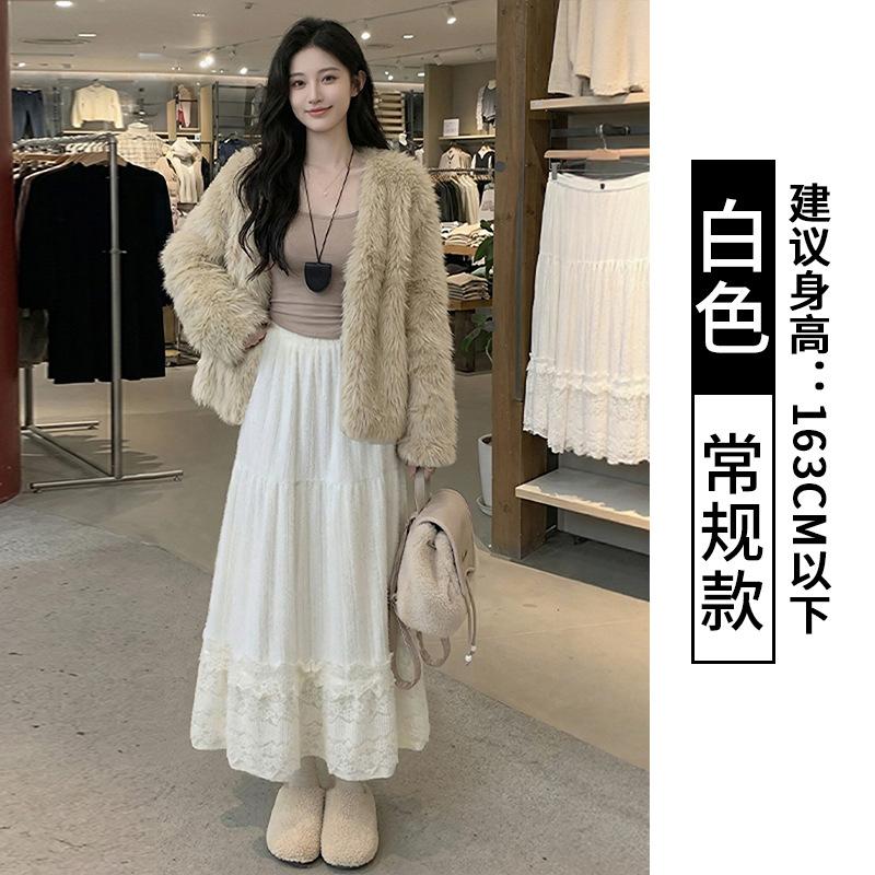 White knitted skirt women's spring and summer a-word lace cake skirt long skirt large size fat mm belly covering and thin skirt