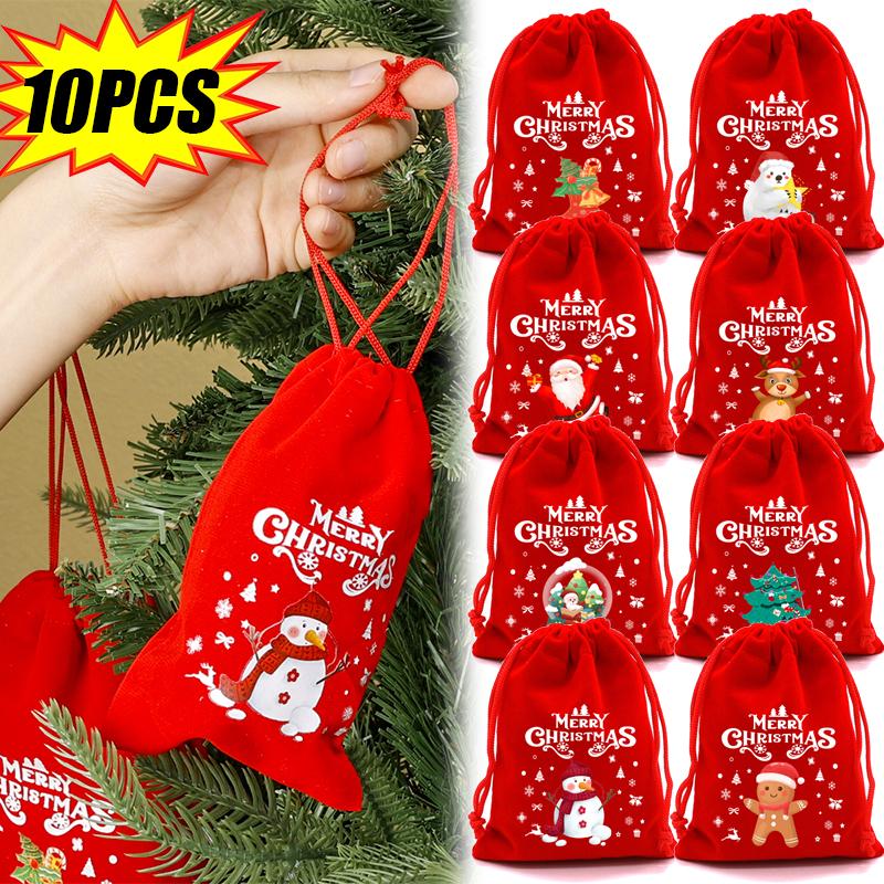 10/1PCS Christmas Velvet Gift Bags Drawstring Bracelet Jewelry Storage Bag Kids Candy Biscuit Pouch Red Xmas Gift Packaging Bags