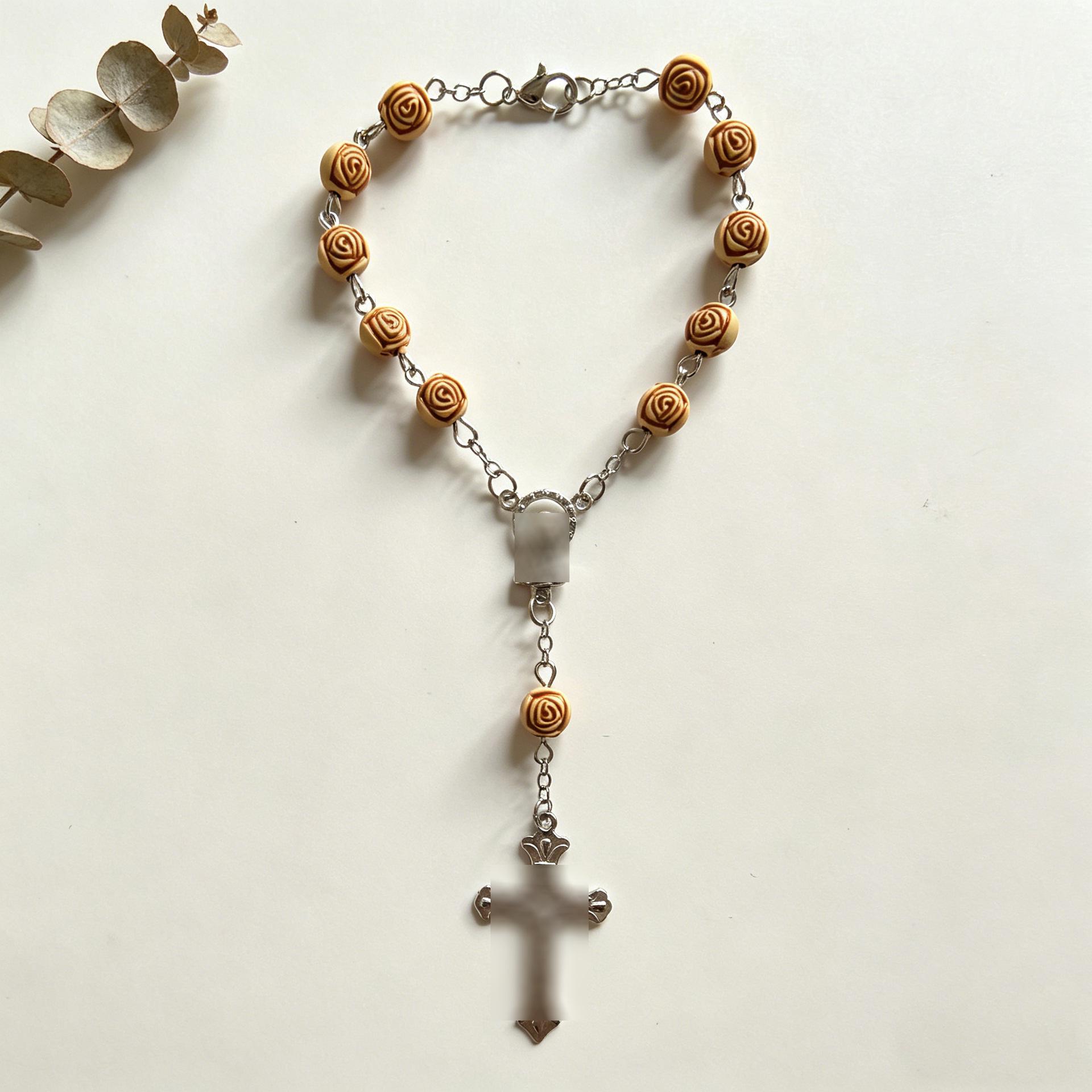 Rose Bead Cross Pendant Unisex Bracelet Gift Electroplated