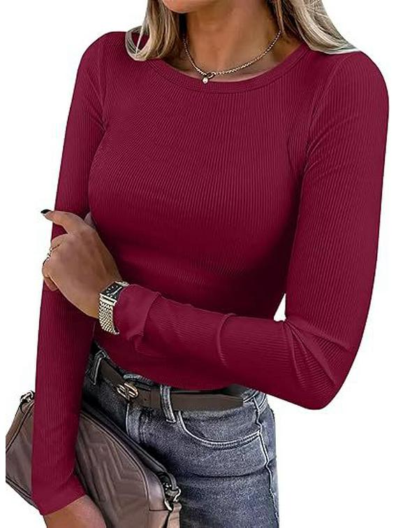 2024 Women's Long-Sleeve Ribbed Crew Neck Slim-Fit T-Shirt
