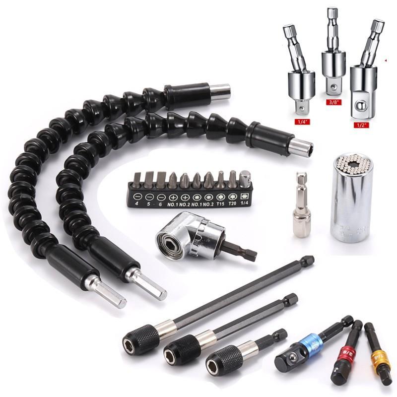 Extensie flexibilă de burghiu cu tijă hexagonală, set de biți de burghiu cu piuliță de burghiu, extensie de biți de burghiu flexibilă + adaptor universal cu soclu + șurubelniță Bi