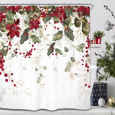 Eukalyptus Weihnachtsblume Duschvorhang Set Grün Rot Weihnachtsstern Beere Blätter Botanische Pflanze Frohe Weihnachten Polyester Wasserdicht