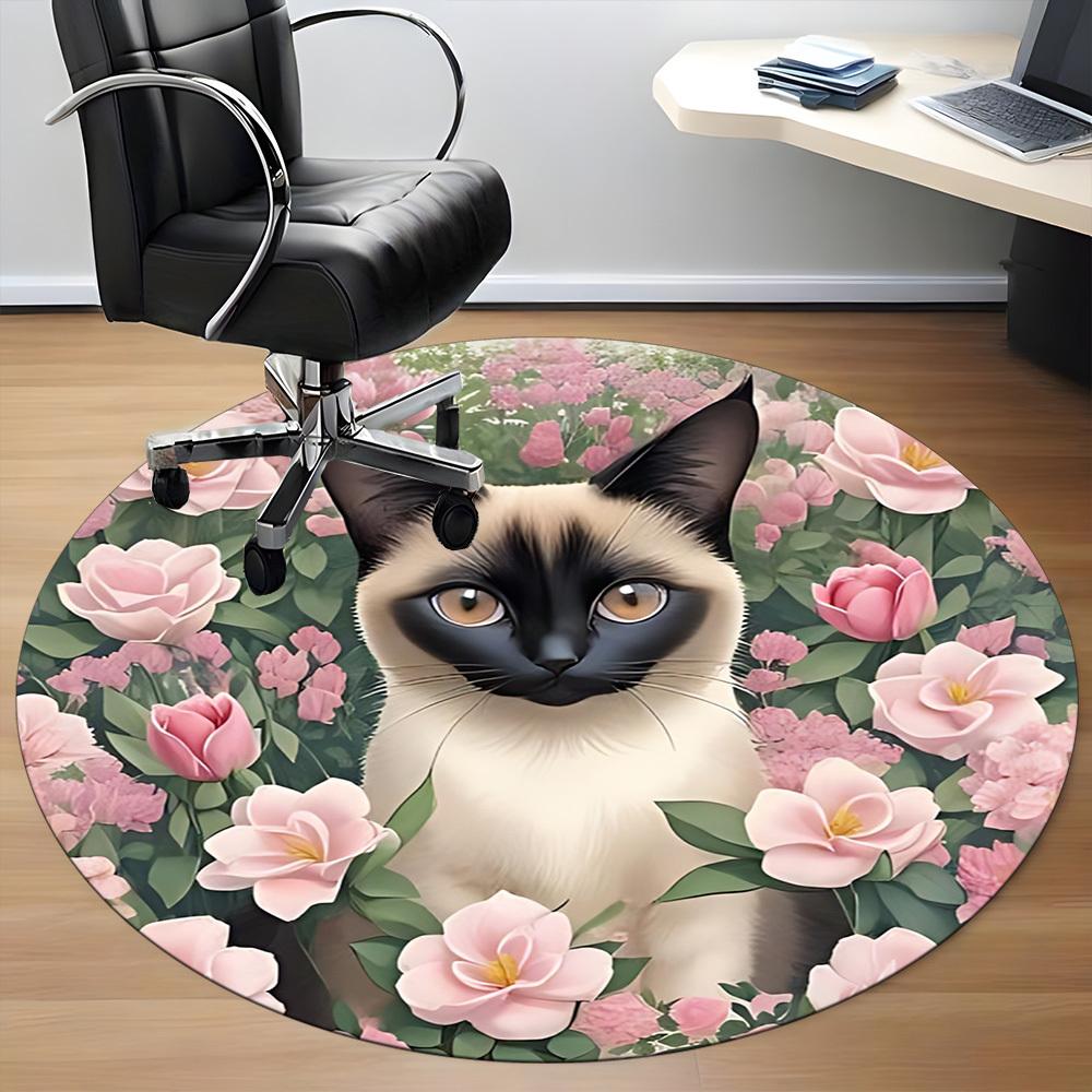 1pc Cat Floral Print Office Round Rug, Carpet for Office, Gaming, Lightweight Round Floor Mat yy260208087
