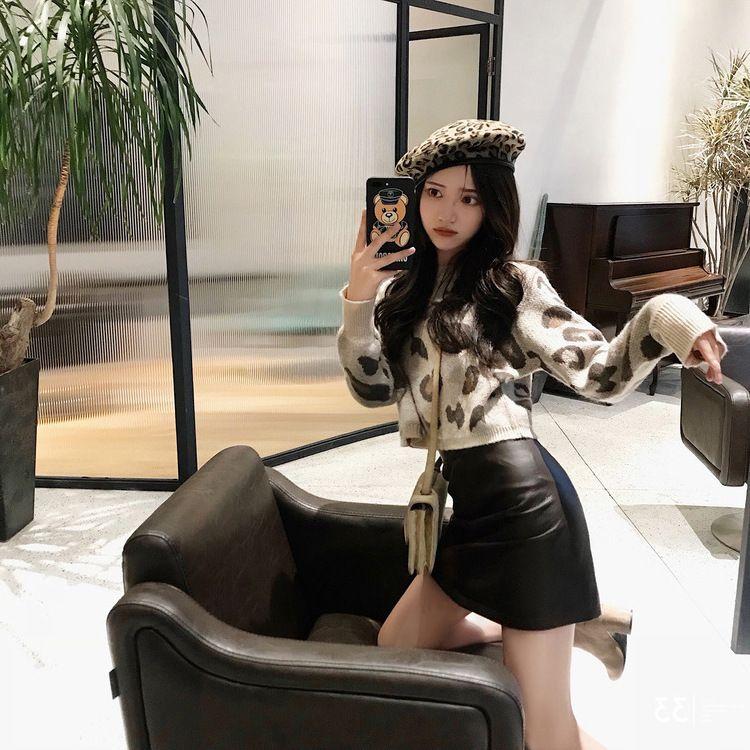 Suéter curto com estampa de leopardo slim, gola redonda, manga comprida, pulôver, malhas femininas jovens