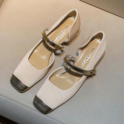 Damen Schuhe mit dickem Absatz Frühling Neu Quadratische Zehenpartie Flacher Ausschnitt Spleißen A-Wort Schnalle Wasserdicht Rutschfest Low-Top Schuhe
