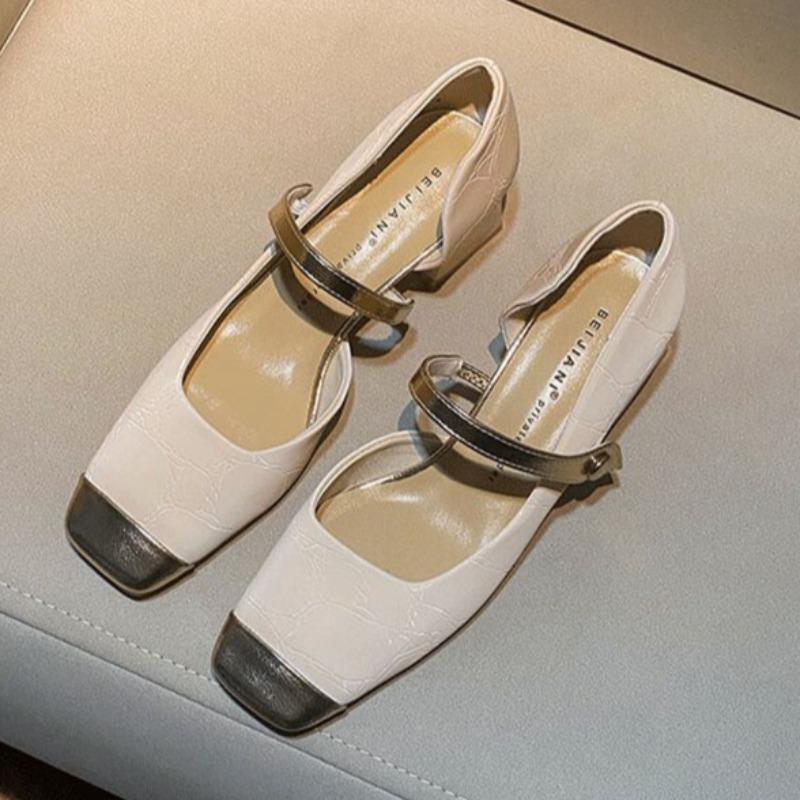 Women's Thick Heel Shoes Spring New Square Head Shallow Mouth Splicing A Word Buckle Waterproof Non-slip Low-top Shoes