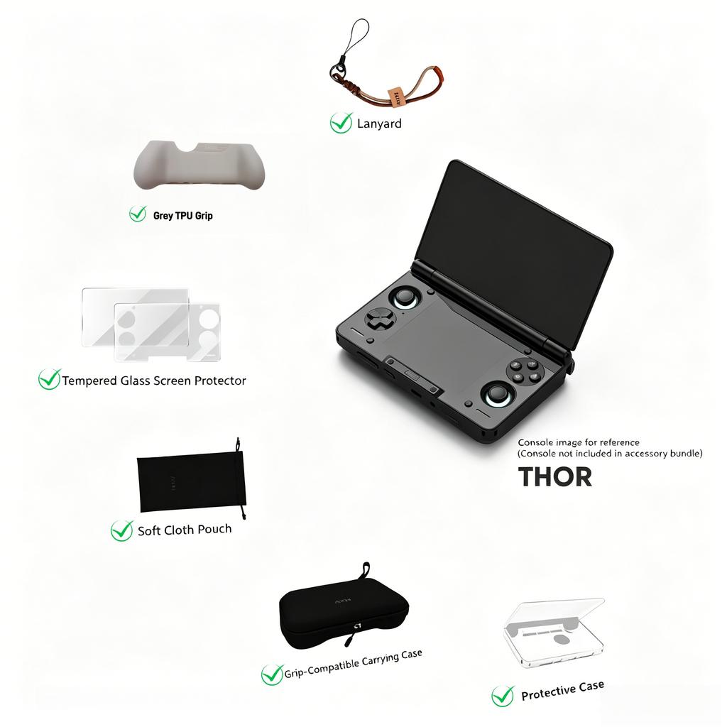 AYN THOR Gaming Console Accessory Bundle Ergonomic TPU Grip + Shockproof Carry Case + HD Tempered Glass Screen Protector