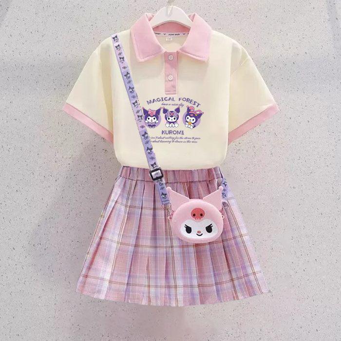 Kuromi Girls' Summer Cartoon JK Skirt Set - Short Sleeve Dress for Middle and Big Kids