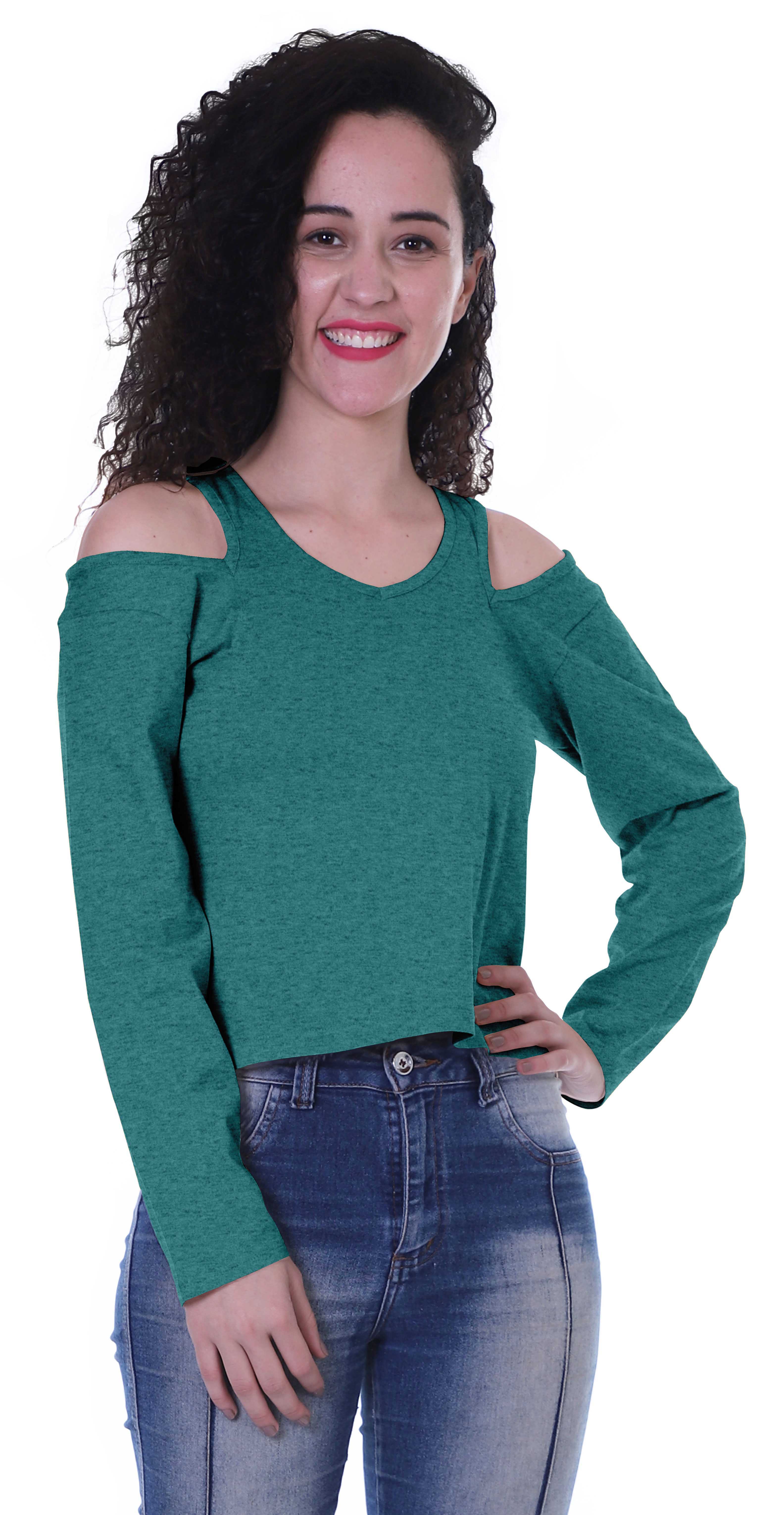 

Moomaya Womens Cold Shoulder Short Top Solid Full Sleeves Summer Tee Tops XS чирок зелений колір