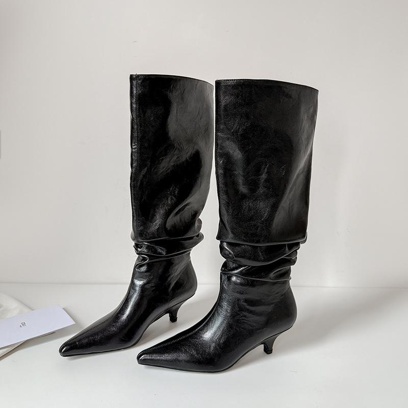 

2025 autumn new thin heel high boots pleated cowhide long boots beige stacking boots 39 чёрный