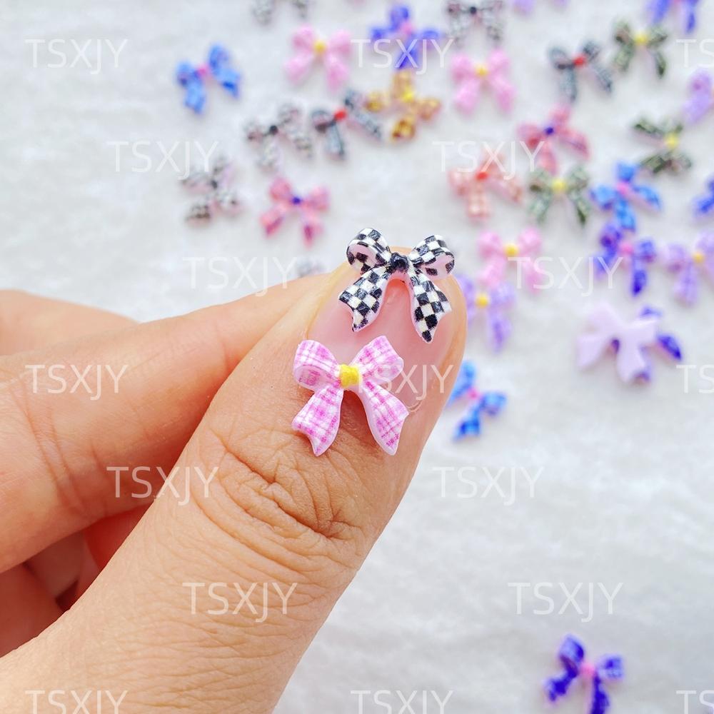 50Pcs Cute Mini Colorful Grid Bow Nail Art Resin Designer Charms DIY Craft For Nail 3D Decorations Jewelry