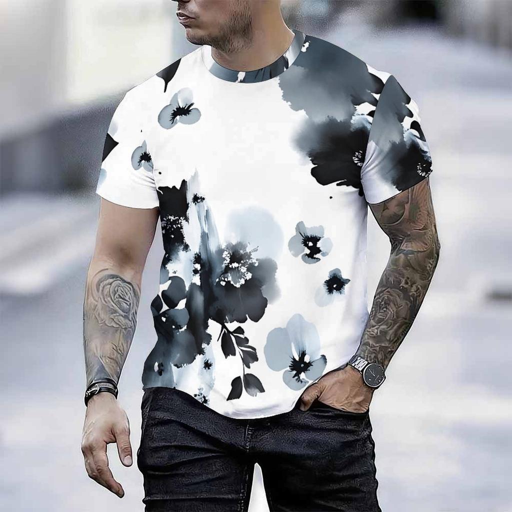 Women Short Sleeve Crew Neck T Shirt White Pink Blue Yellow Tropical Palm Leaf Print Top