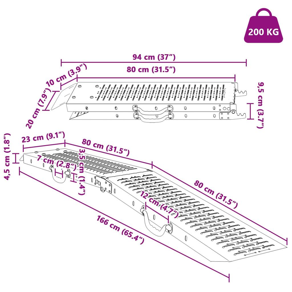 Rampa Pieghevole Capacità di Carico 200 kg per Rampa 2 pz Argento 166 x 23 x 4,5 cm