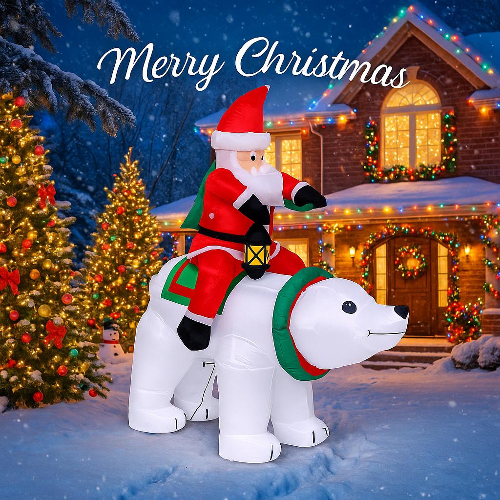 5.9FT LED Light Inflatable Santa Claus Ride Polar Bear Toy Xmas Yard Decor Home Outdoor Party Supplies Ornaments Gift Holiday